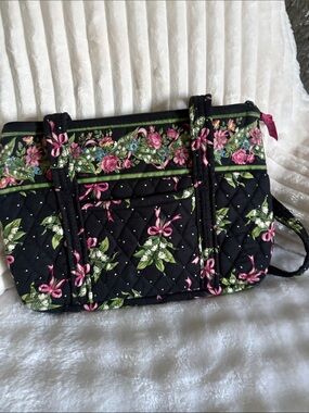 Vera Bradley Black Quilted Floral Tote with Pink & Green Accents 12x9